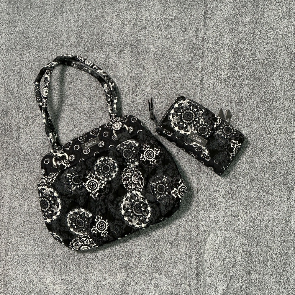 Longaberger Sisters Maddy Handbag and Zip It Wallet Set Secret Black White Quilt